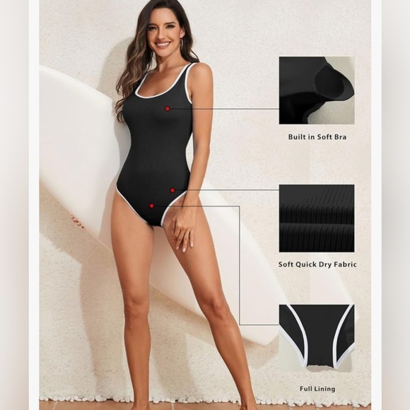 NEW- Elegant Black Ribbed
white trim Swimsuit
2025 Season
Large - Picture 4 of 6